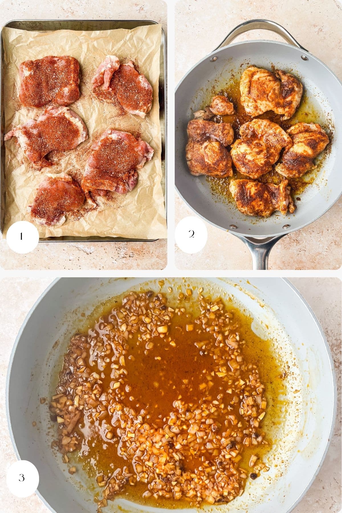 Step 1: Raw, seasoned chicken thighs on parchment paper. Step 2: Chicken thighs browning in a skillet. Step 3: Sautéed garlic and spices in oil in the skillet after removing the chicken.