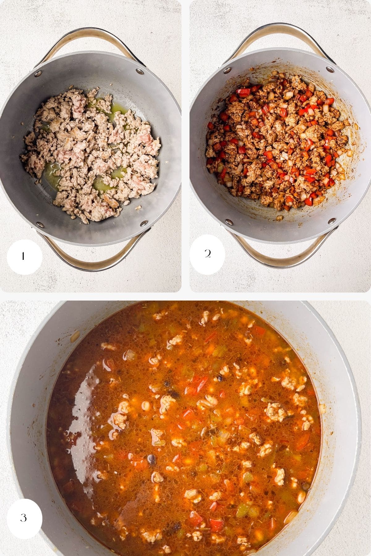 A three-step cooking process in a large pot: 1) Ground meat with chopped vegetables; 2) Meat browned with added diced red peppers; 3) Ingredients simmered in a tomato-based broth with pasta.