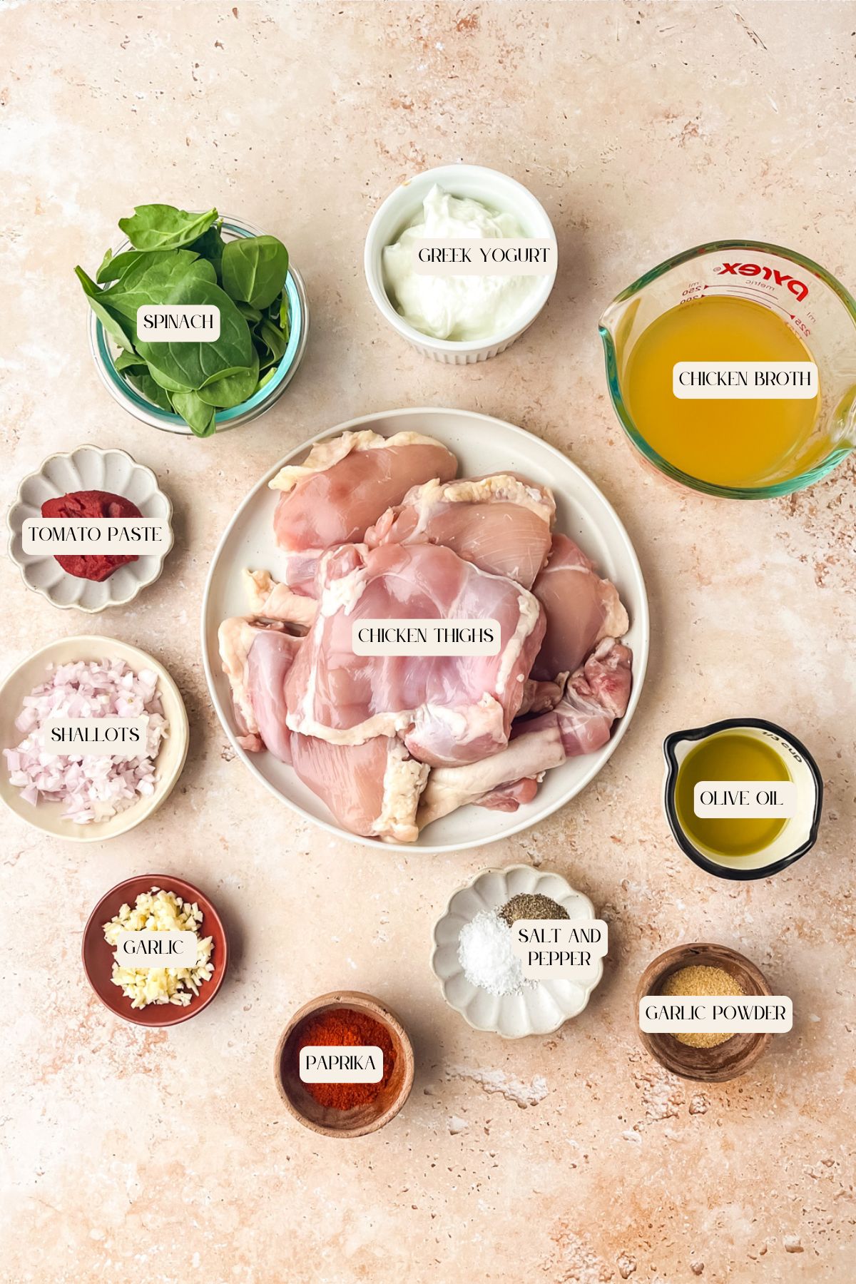 A flat lay of labeled ingredients on a light surface: spinach, Greek yogurt, chicken broth, chicken thighs, tomato paste, shallots, olive oil, salt and pepper, garlic, paprika, and garlic powder.