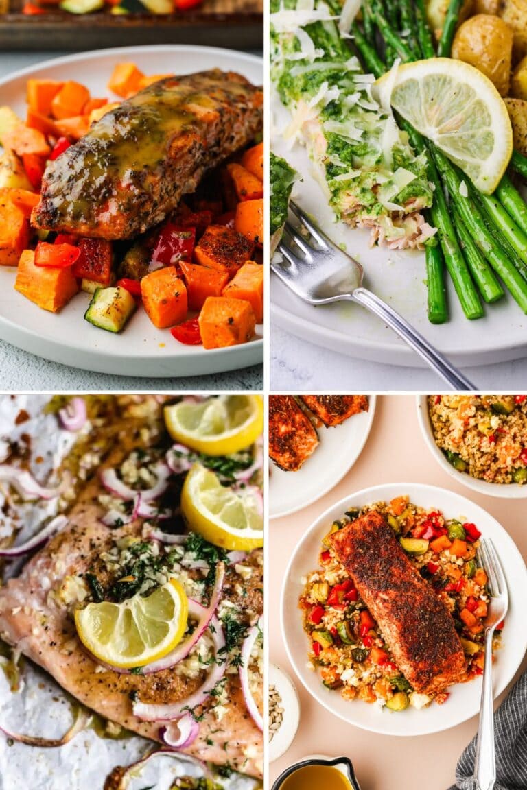 A collage of four plates featuring different salmon meal prep ideas, each served with vegetables like sweet potatoes, asparagus, zucchini, and garnished with lemon slices.