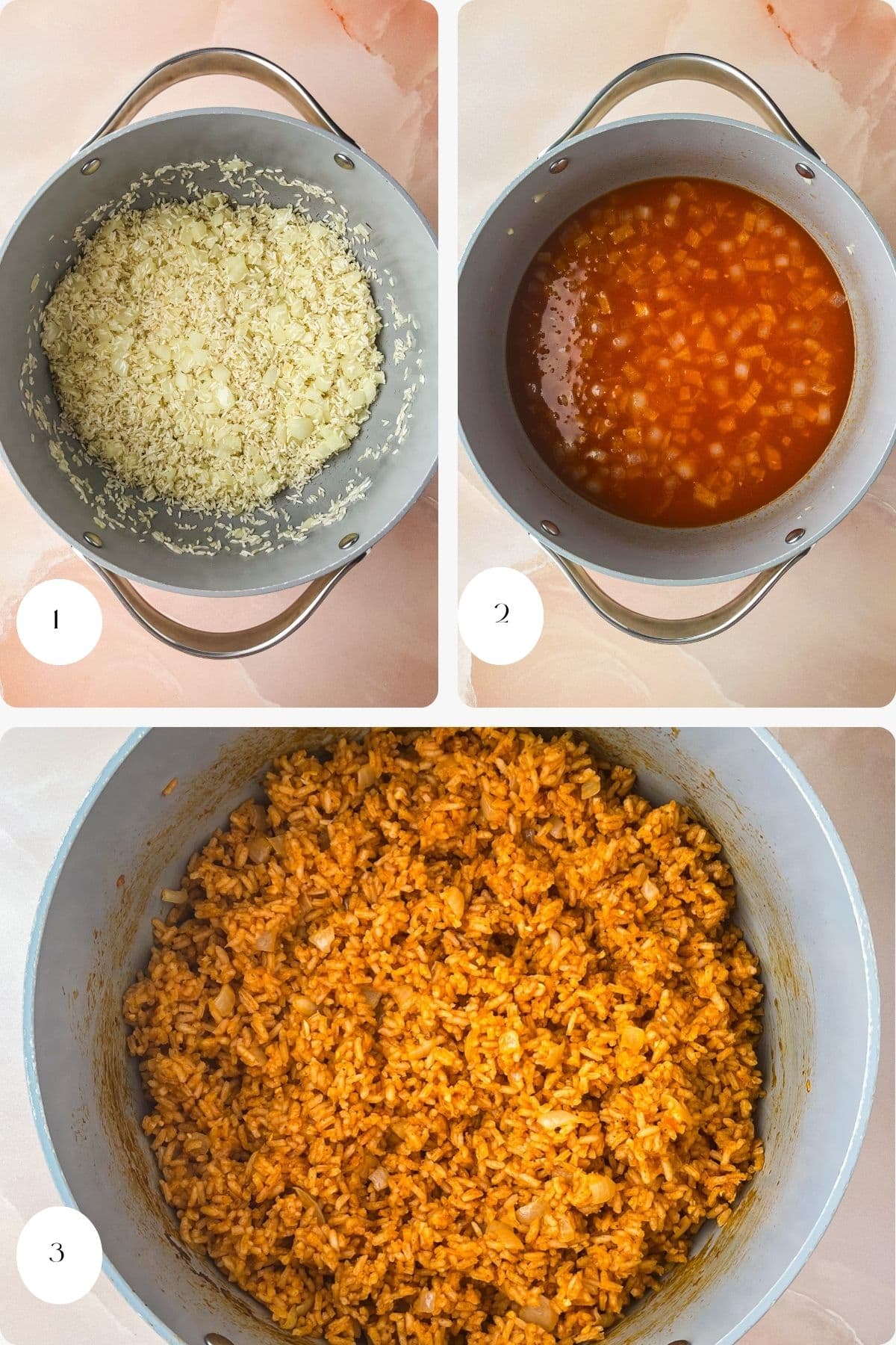 Three-step process for Spanish rice with tomato sauce: 1) Uncooked rice and chopped onions in a pot, 2) Rice and onions simmering in a rich tomato-based liquid, 3) Finished, fluffy orange-colored Mexican rice ready to serve.