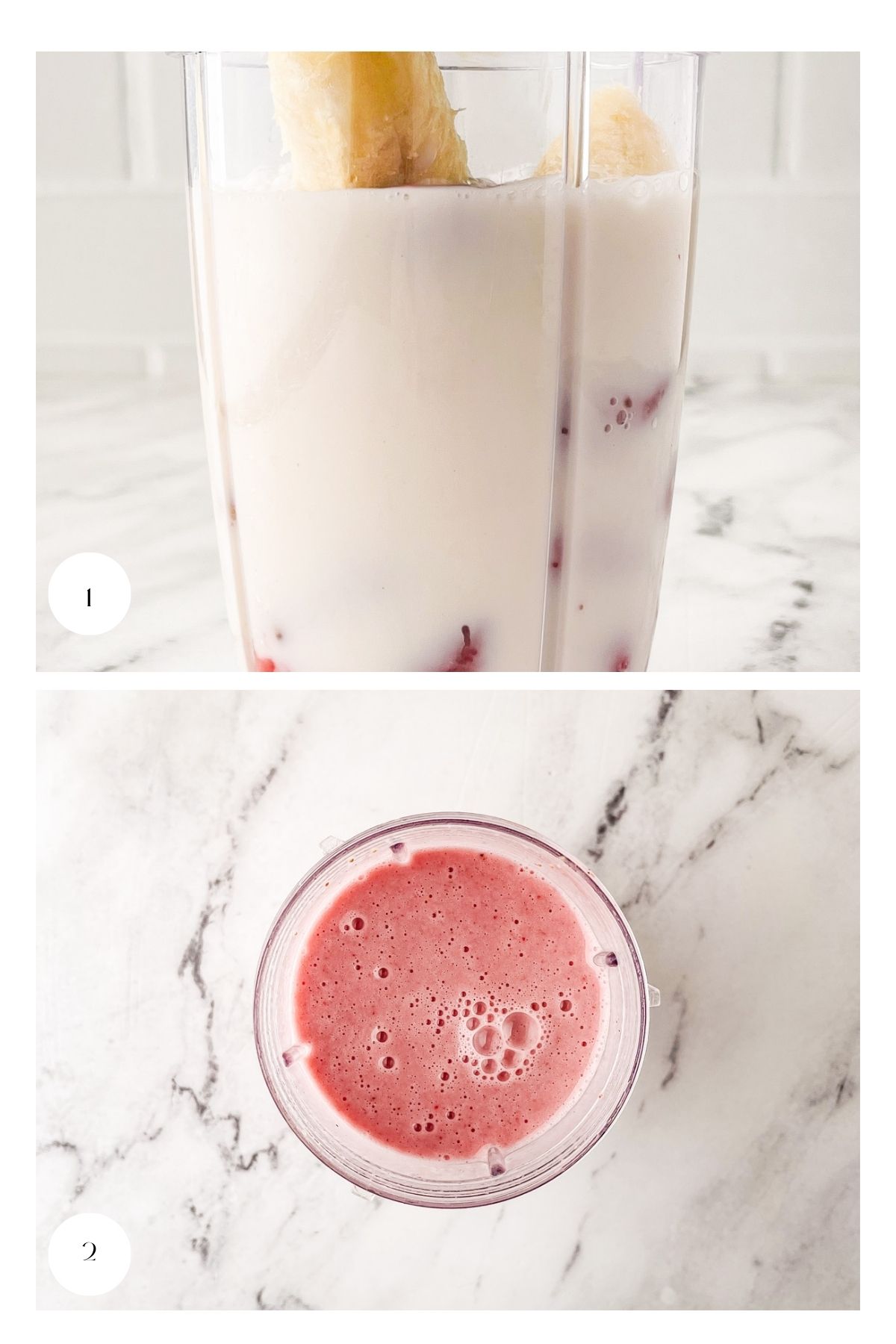 1. A blender cup filled with milk, banana, and some strawberries at the bottom. 2. A top view of a pink smoothie in a blender cup on a marble surface.