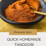 A black bowl filled with vibrant tandoori spice mix, accented by a small gold spoon, sits on a yellow surface. Text below reads: Quick Homemade Tandoori Spice Mix, whensaltyandsweetunite.com.
