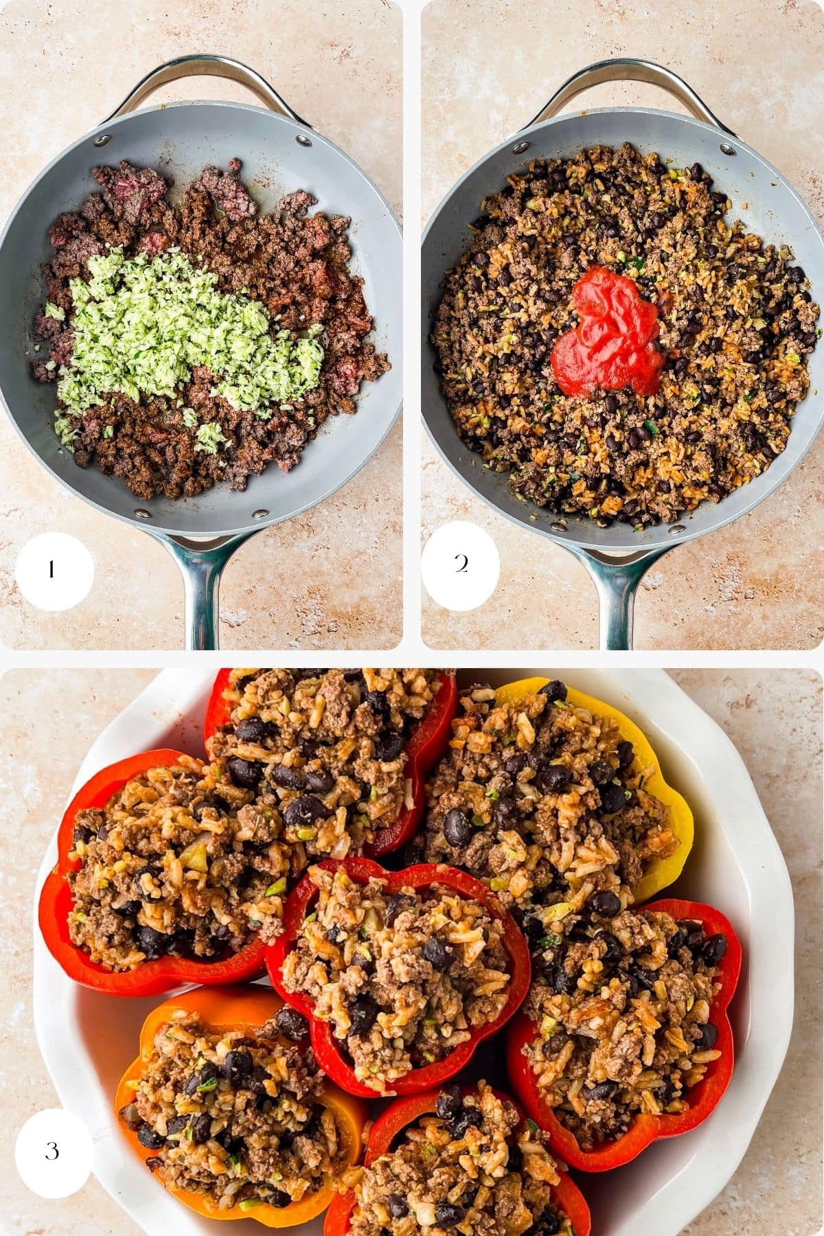 Step-by-step collage showing: 1) Ground beef and chopped zucchini in a skillet, 2) the mixture with tomato sauce and black beans added, 3) the finished filling stuffed into halved red and yellow bell peppers on a plate.