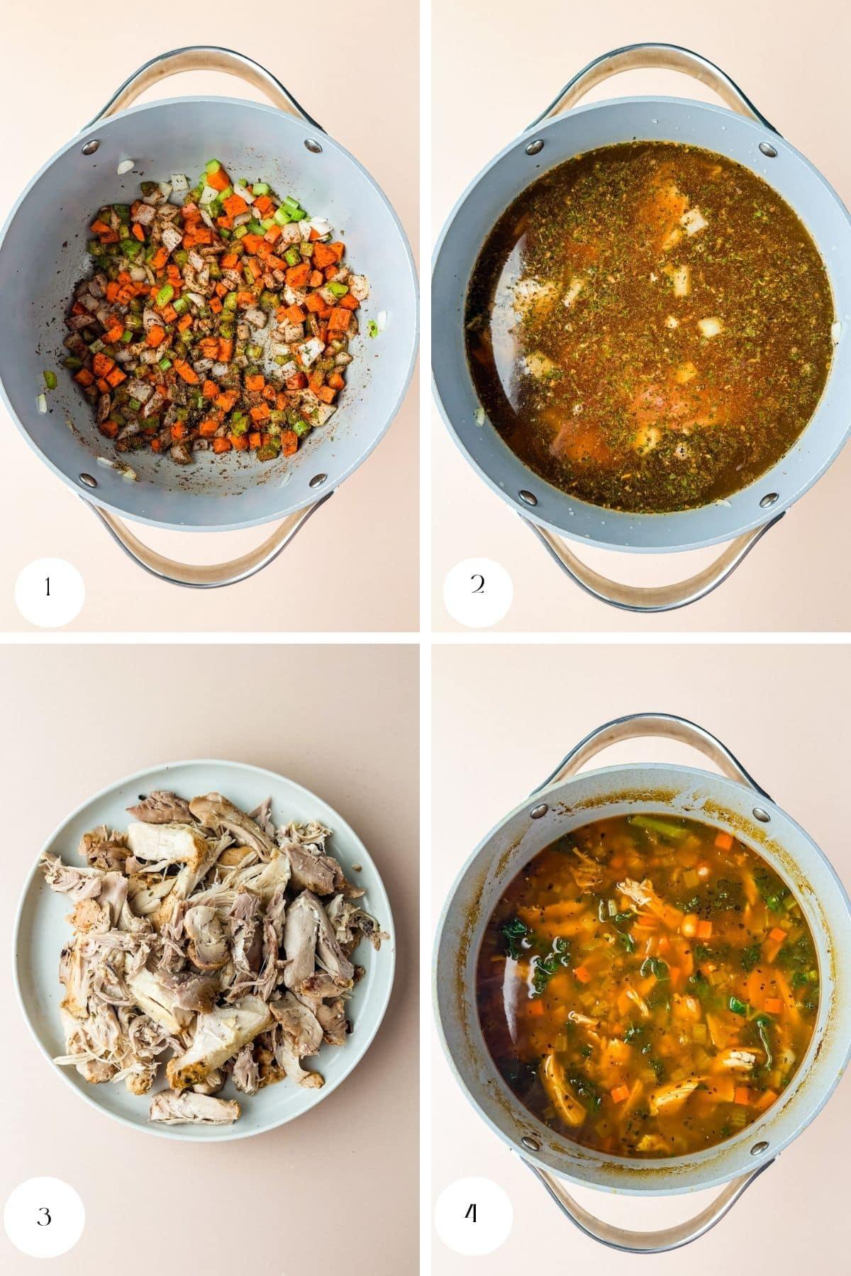 A four-step process for making chicken and white bean soup: sautéed vegetables in a pot (1), broth and chicken added (2), shredded cooked chicken on a plate (3), and finished soup with vegetables, beans, and chicken in the pot (4).