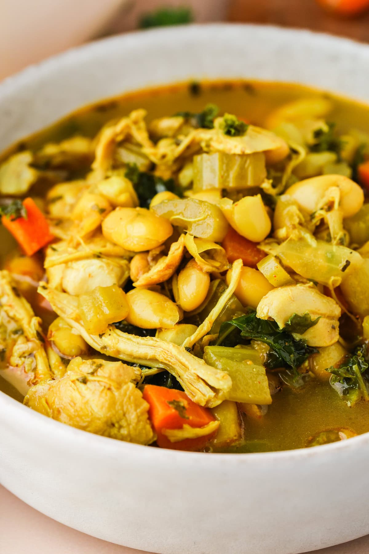 A close-up of a bowl filled with chicken and white bean soup, featuring shredded chicken, white beans, carrots, celery, and leafy greens in a broth.