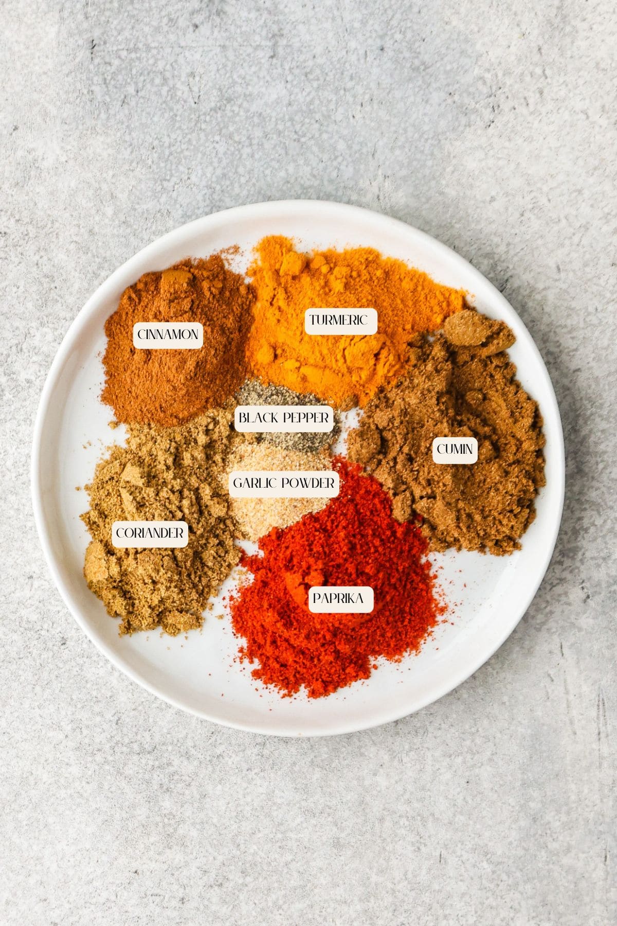 A white plate holds six labeled piles of ground spices—cinnamon, turmeric, black pepper, cumin, coriander, garlic powder—and a vibrant tandoori spice mix, all arranged in a circle on a light, textured background.