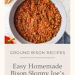 A skillet filled with bison sloppy joe's mixture, surrounded by sweet potato fries, a burger bun, and a red bell pepper. Text below reads: Easy Homemade Bison Sloppy Joe’s.