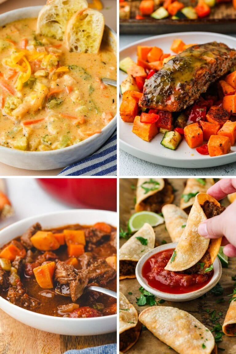 A collage of four images featuring gluten free dinner recipes: cheesy vegetable soup with bread slices, glazed meatloaf with roasted vegetables, beef stew with carrots and potatoes, and crispy tacos being dipped in salsa.