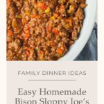 Close-up of a pan filled with chunky bison sloppy joe's mixture, featuring ground meat, red and green bell peppers, and sauce. Text overlay reads: Easy Homemade Bison Sloppy Joe’s – Family Dinner Ideas.