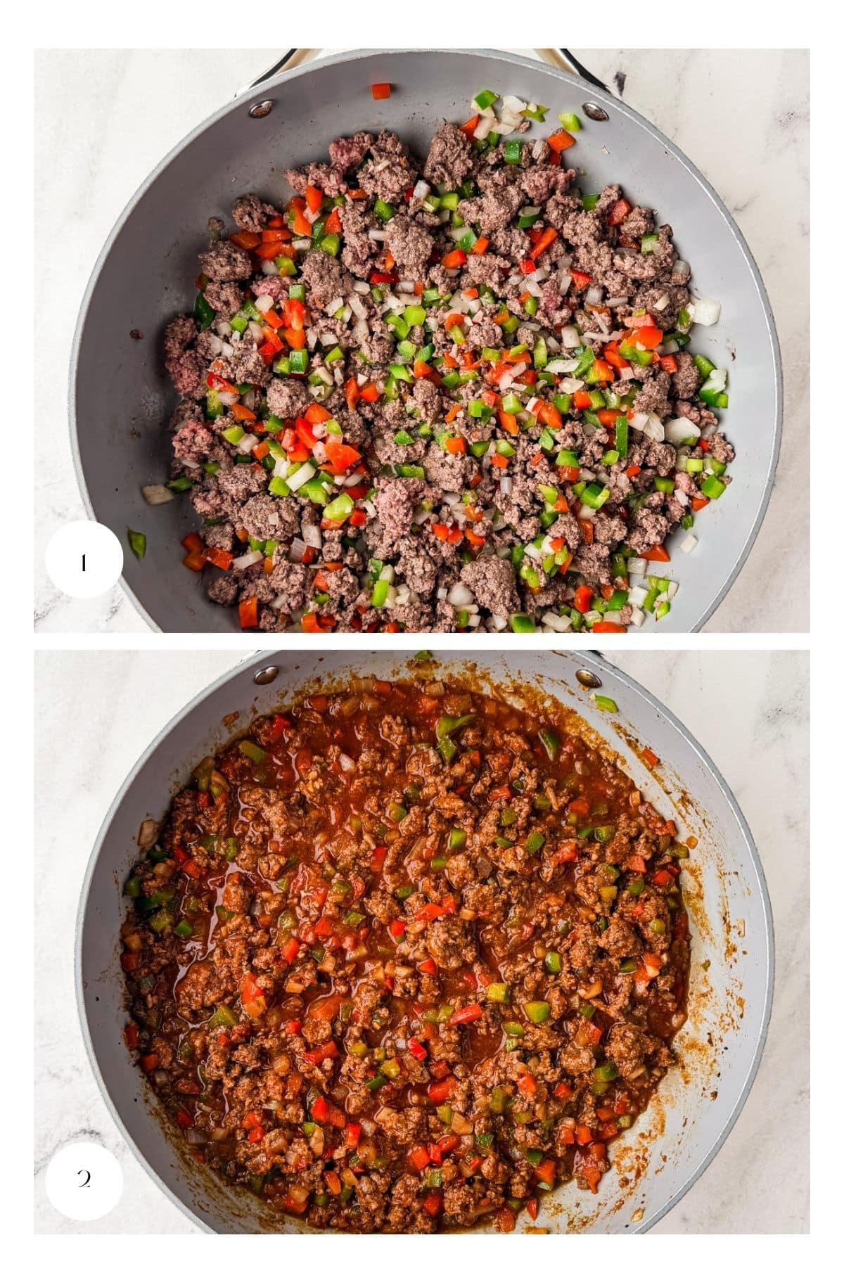 Two images of a skillet: the first shows ground beef—or bison for hearty bison sloppy joe's—cooking with chopped onions and bell peppers; the second features the mixture simmering in a rich, red tomato-based sauce with vegetables mixed in.