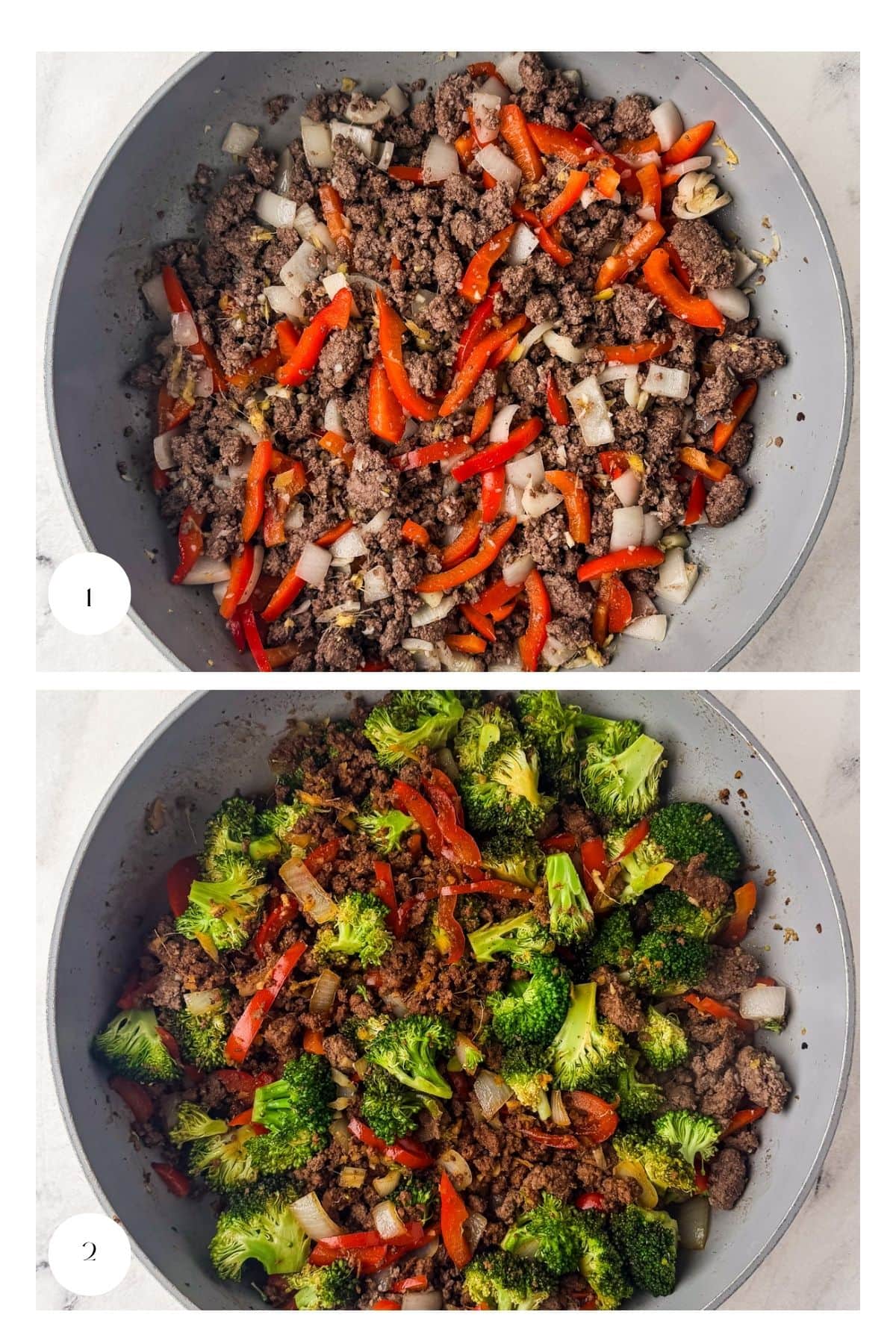 Two images show a skillet. The top image features cooked ground beef, diced onions, and sliced red bell peppers. The bottom image shows this bison stir fry with added broccoli florets, all being cooked together for a colorful meal.