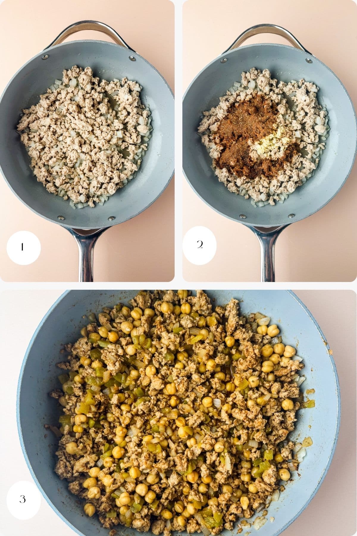 Step-by-step cooking process in a light blue pan: 1) ground chicken for tacos cooking, 2) spices and minced garlic added, 3) chickpeas and diced green peppers mixed in with the meat.