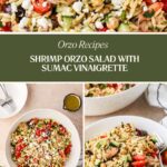 A vibrant collage showcases Shrimp Orzo Salad with tomatoes, cucumbers, feta, and a tangy sumac vinaigrette. The images include a close-up of the flavorful ingredients, an overhead shot highlighting the colorful arrangement, and a serving in a bowl with utensils. Text reads: Shrimp Orzo Salad with Sumac Vinaigrette.