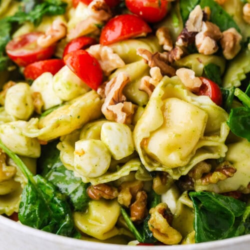 A close-up of a fresh salad with spinach, cheese tortellini, cherry tomatoes, mozzarella balls, walnuts, and pesto in a white bowl.