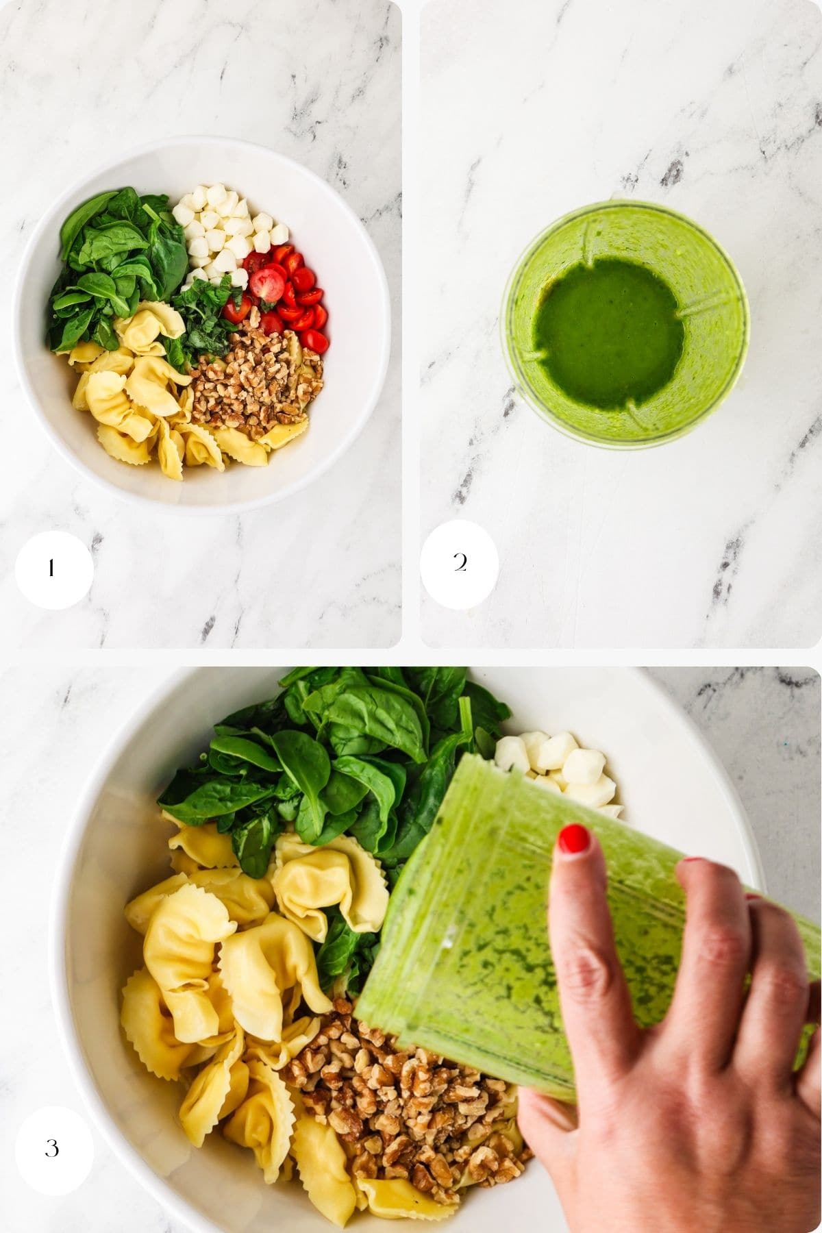A bowl of Caprese Pasta Salad with spinach, walnuts, mozzarella, and tomato; a blender cup with green dressing nearby; and a hand pouring the dressing over the salad in the bowl.