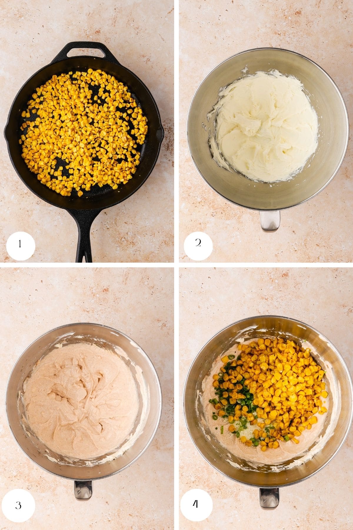 Four images: sautéed corn in a black skillet; creamy batter in a metal bowl; brown-tinted batter in another bowl; batter in a bowl with corn and green ingredients on top, all on a beige surface.