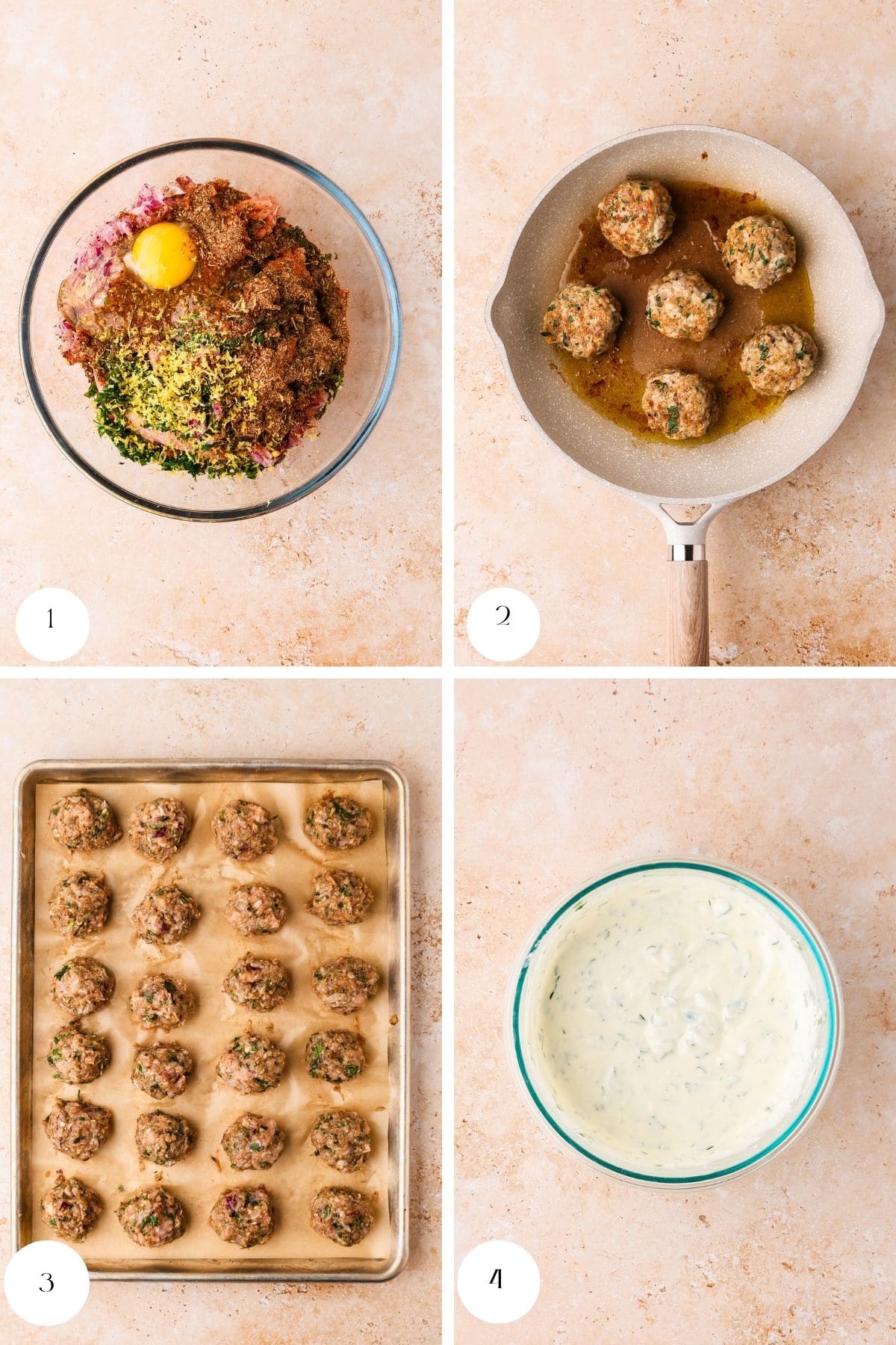 Step-by-step images: mixing Greek Chicken Meatball ingredients, frying the meatballs in a pan, shaped meatballs on a baking tray, and a bowl of creamy white sauce with herbs.