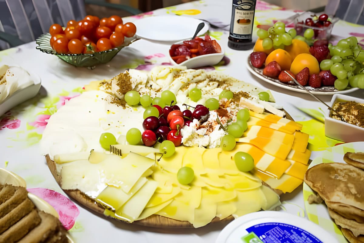 A table set with a platter of assorted sliced cheeses, green grapes, cherries, and other fruits, surrounded by bowls of tomatoes, strawberries, and various spreads on a floral tablecloth.