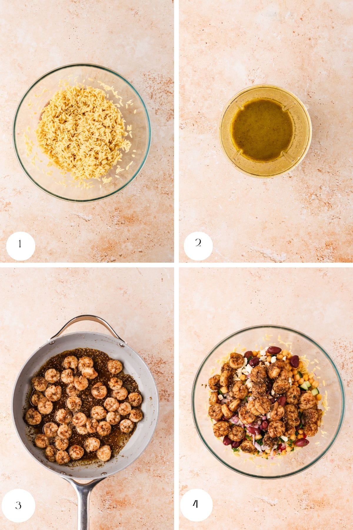 Four images: 1) Cooked rice in a glass bowl. 2) Brown sauce in a small bowl. 3) Cooked, seasoned shrimp in a skillet. 4) Shrimp, rice, beans, corn, and onions mixed in a large glass bowl for a hearty dish inspired by Shrimp Orzo Salad.