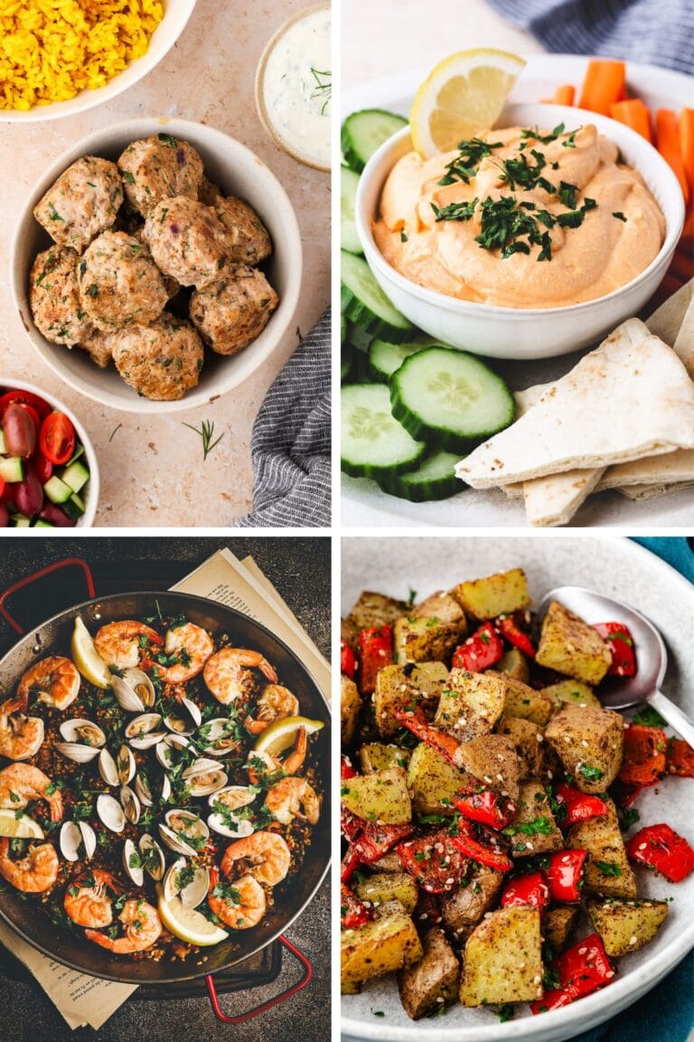 Four food dishes: meatballs in a white bowl, hummus with pita and vegetables, shrimp paella in a large pan, and roasted potatoes with red peppers on a plate—each one makes an excellent option if you’re wondering what to serve with empanadas.