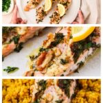Three-panel collage showing walnut crusted salmon baked with herbs, lemon wedges, and a side of yellow couscous on white plates.