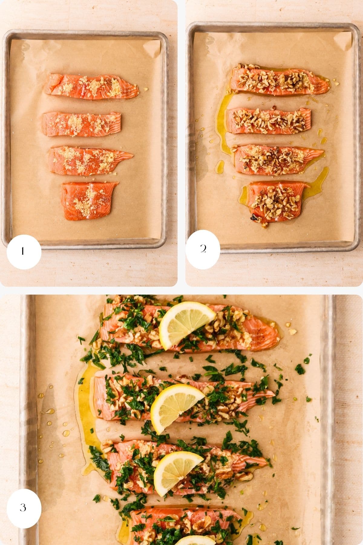 Three steps show salmon fillets on a baking sheet: seasoned raw, topped with nuts and oil, and baked with chopped parsley and lemon slices.