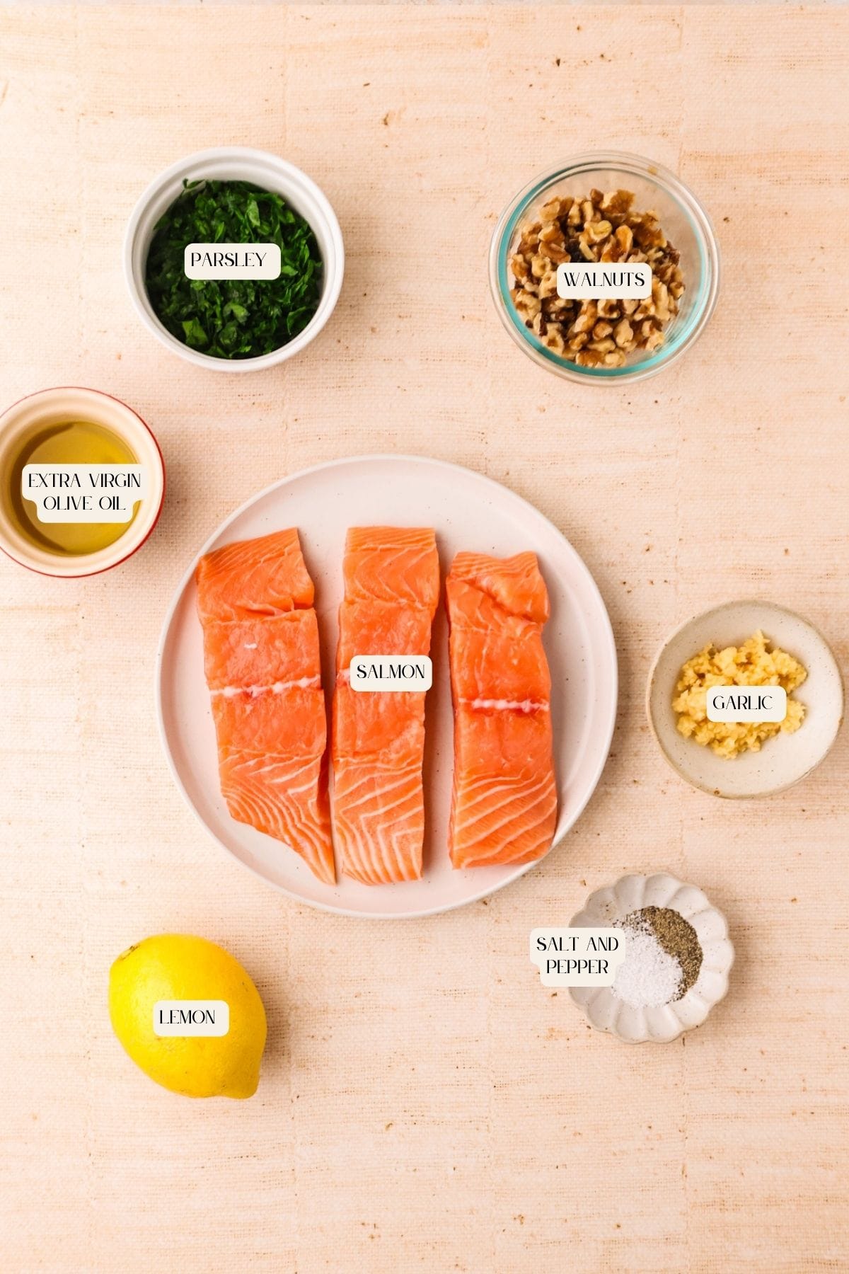 Top-down view of a plate with three raw salmon fillets, perfect for preparing walnut crusted salmon, surrounded by bowls of parsley, walnuts, minced garlic, olive oil, salt and pepper, and a lemon on a light beige surface. Labels identify each ingredient.