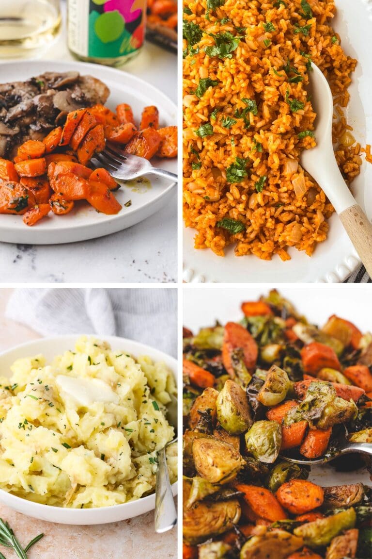 Four plates of food: sautéed mushrooms and carrots, seasoned rice with herbs, mashed potatoes with parsley, and roasted Brussels sprouts with carrots, arranged in a grid—perfect inspiration if you’re wondering what to serve with chicken thighs.