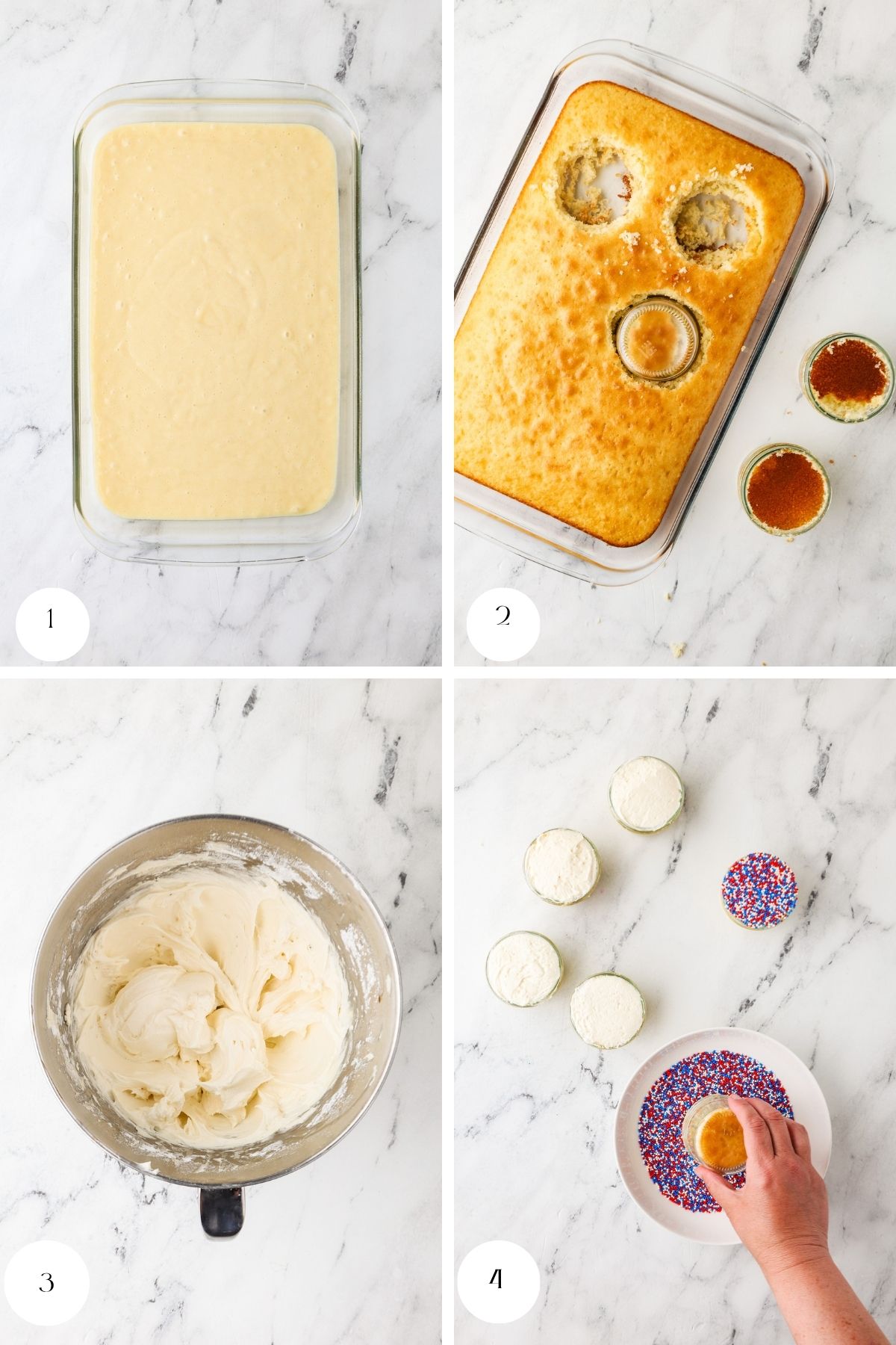 Four-step collage: 1. Cake batter in a glass dish. 2. Baked cake with circles cut out. 3. Mixing bowl with white icing. 4. Hand dipping cake round in rainbow sprinkles, with bowls of icing and sprinkles nearby.