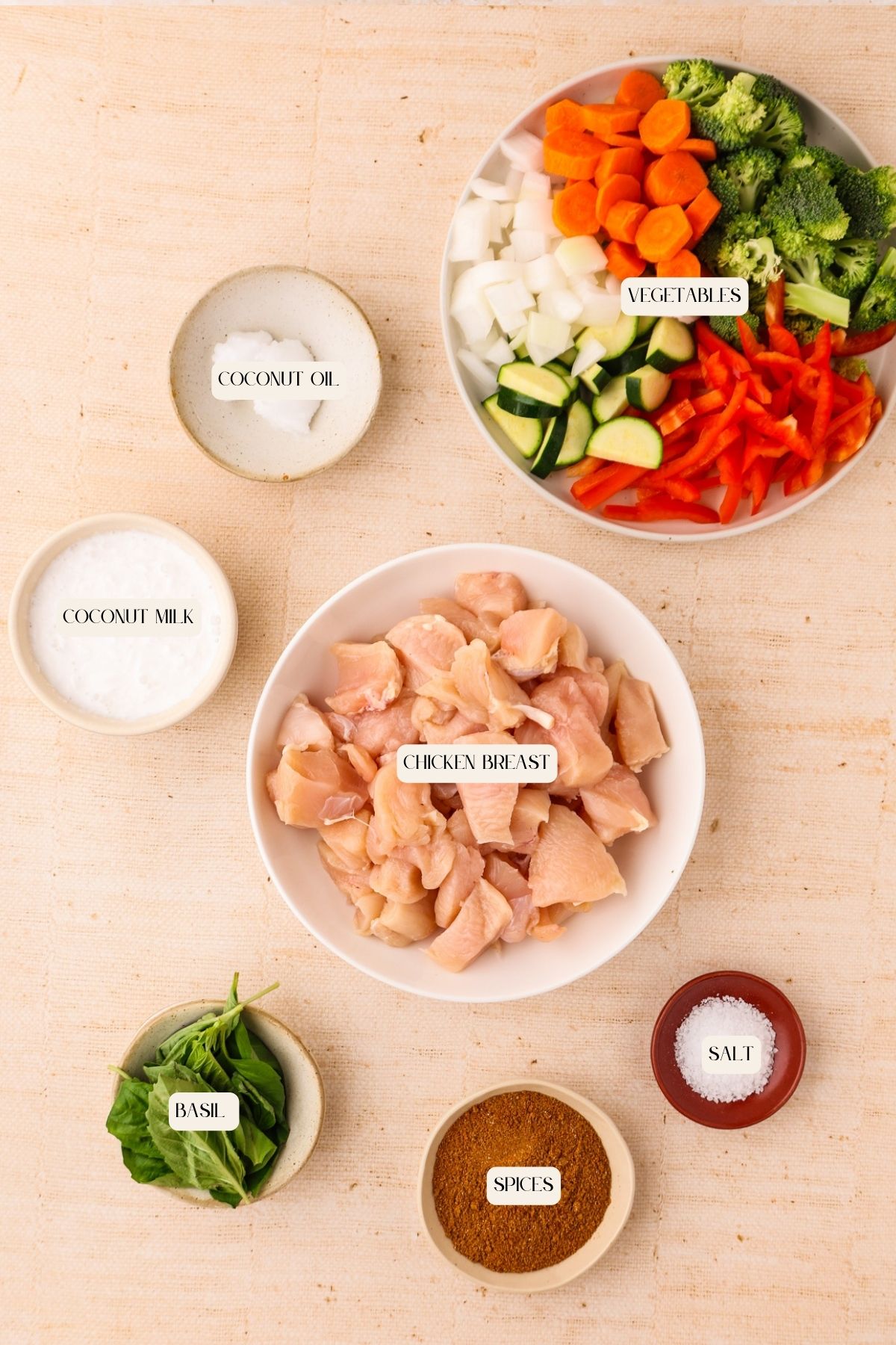 A flat lay of labeled ingredients for chicken curry with coconut milk: coconut oil, coconut milk, chicken breast, spices, salt, fresh basil, and chopped vegetables (carrots, broccoli, zucchini, red bell pepper) arranged in bowls on a light surface.