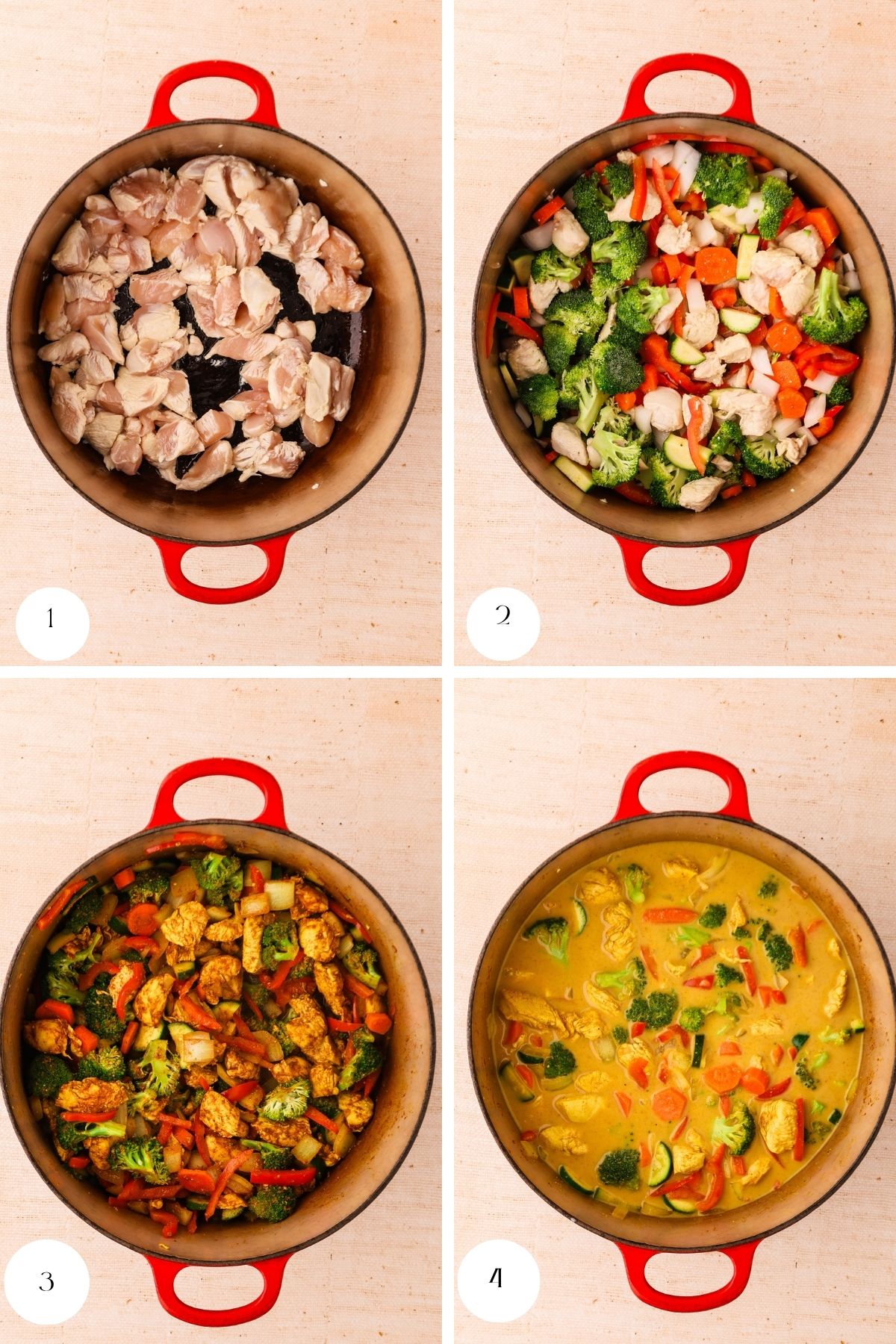 Four-step collage: chicken cooks in a red pot, then with broccoli and bell pepper, followed by seasoning mixed in, and finally simmered in a creamy yellow curry sauce with vegetables for a delicious chicken curry with coconut milk.