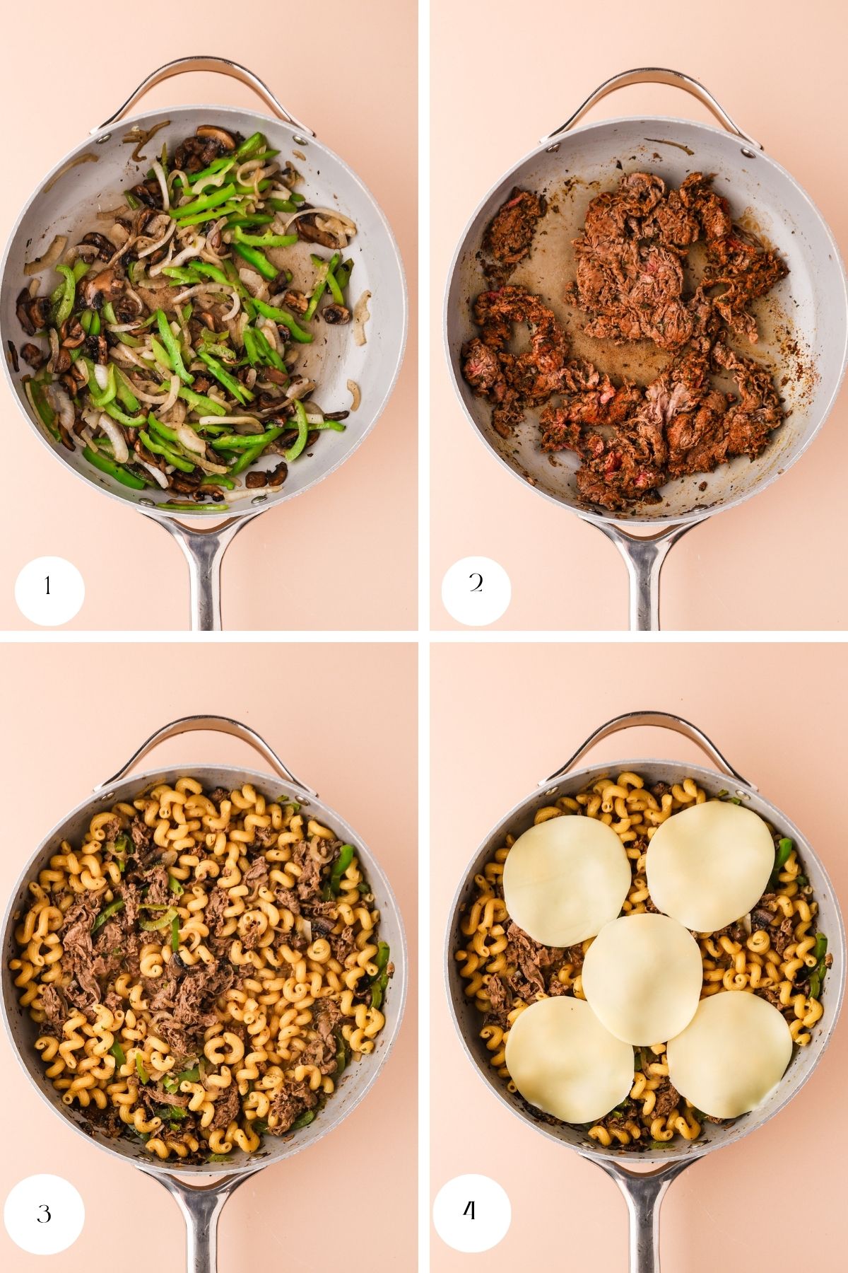 Four images show a skillet cooking sequence: sautéed vegetables, cooked beef, beef mixed with pasta, and pasta topped with cheese slices. Each stage is numbered 1–4, arranged in a 2x2 grid on a light background.