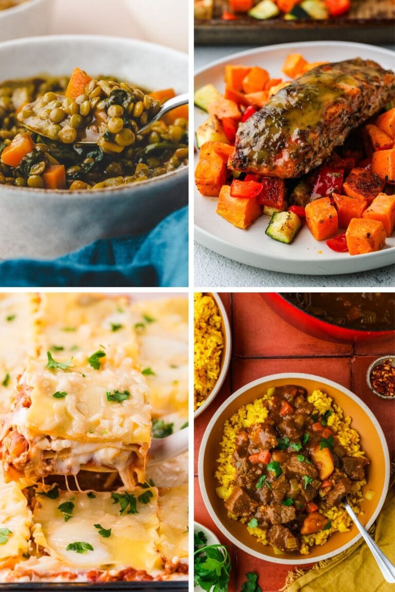 A collage of cold weather dinners: a bowl of lentil soup, a salmon fillet with roasted vegetables, a serving of cheesy lasagna, and a beef stew served over yellow rice.
