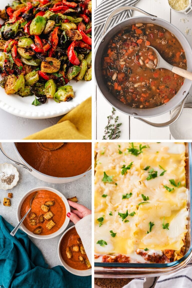 A collage of four food dishes: roasted Brussels sprouts with red peppers, a pot of bean and vegetable soup, bowls of tomato soup with croutons, and a baked lasagna garnished with parsley.